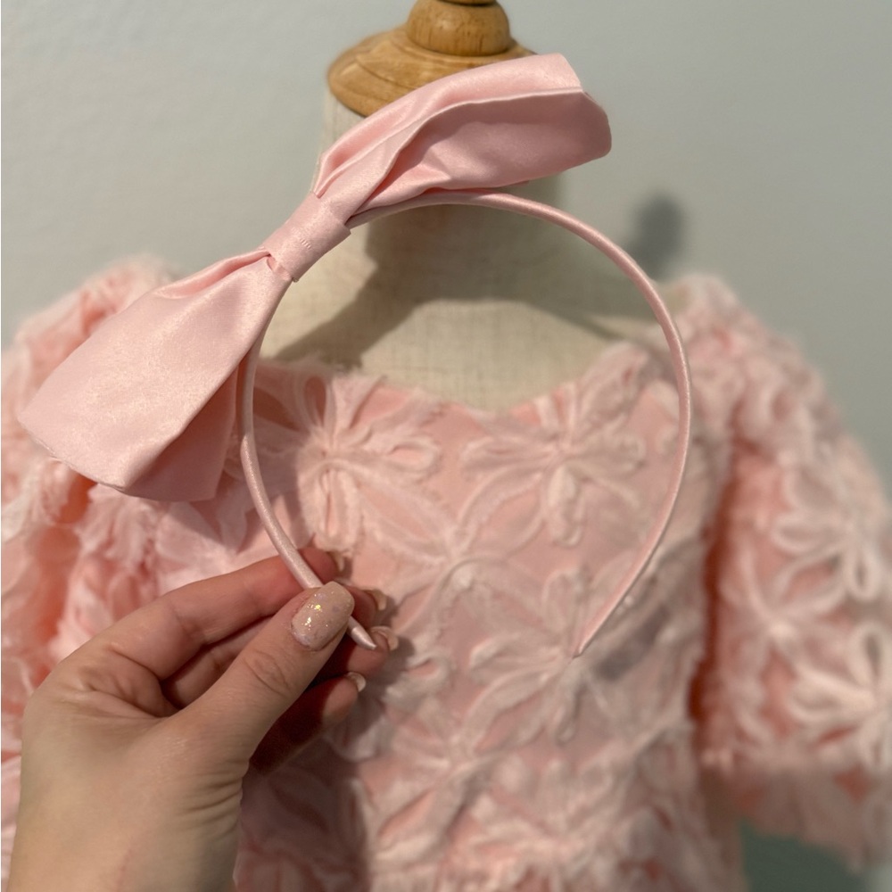 Jessica Simpson Girls Pink Lace Dress w/ Bow & Matching Headband - Picture 3 of 6